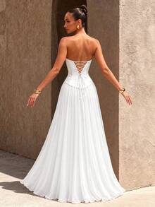 UNITHORSE Elegant White Pleated Strapless Long Formal Dress, Backless Design, Suitable For Women Attending Evening Parties And Other Formal Occasions - White - View 2