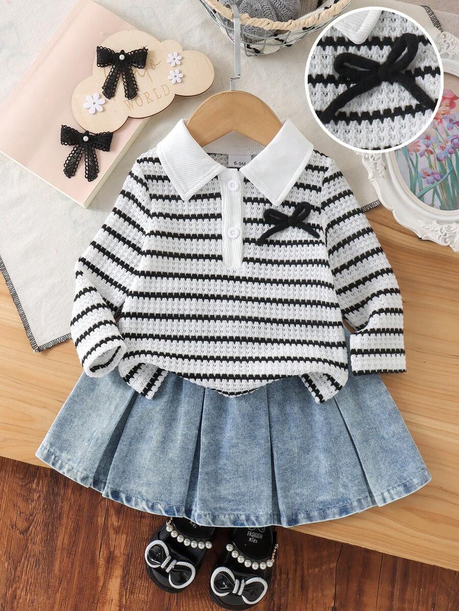 2pcs Baby Girl Casual Preppy Style Wavy Pattern Collared Top And Denim Skirt Set, Spring/Autumn - Black and White - View 1