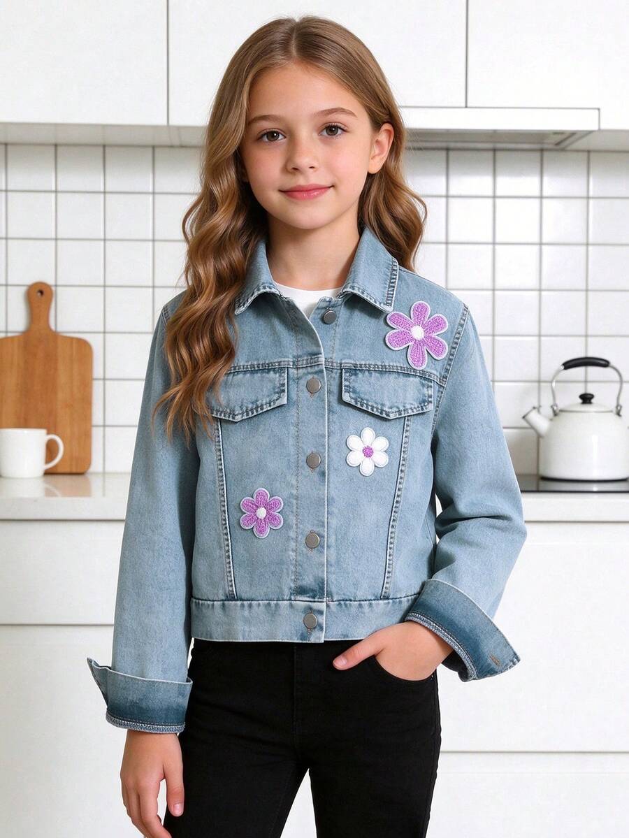Teen Girls Jackets & Coats Spring/Autumn New Cute College Style Towel Embroidery Floral Patch Decor Classic Retro Versatile Blue Denim Jacket Long Sleeve Outerwear - Blue - View 1
