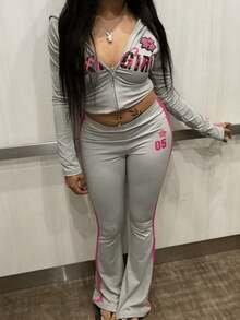 Autumn Street Style Sports Set Women Printed Long Sleeve Top + Sweatpants Fitness Workout Outfit - Grey - View 2