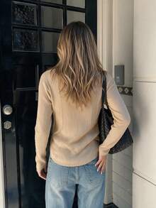 Nicenter Women's Light Apricot Round Neck Knit Cardigan, Long Sleeve Slim Fit Front Button Sweater, Minimalist Vintage Style, Daily Wear Autumn/Winter - Apricot - View 2