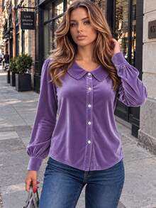 SwallowLucky Plus Size Women's European American Autumn Winter Velvet Shirt Button Front Long Sleeve New French Style Turn Down Collar Top - Lilac Purple - View 2