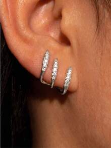 1 Pair Fashion Simple Style Copper Inlaid Diamond Curved Ear Cuffs Earrings Suitable For Women's Daily Commute Dating Street Photography VersatileWear - Silver - View 2