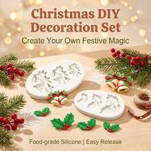 2Pcs Christmas Holly Leaf Silicone Mold Non-Stick Fondant Candy Chocolate Baking Tool For Cake Decoration DIY, Dessert Baking Mold For Christmas Candy Cupcake Topper Sugar Polymer Clay Craft - Light Grey - View 2