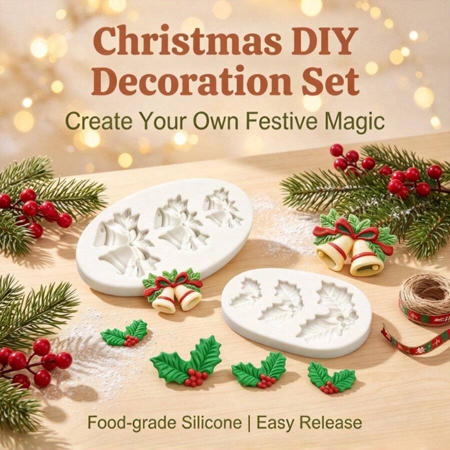2Pcs Christmas Holly Leaf Silicone Mold Non-Stick Fondant Candy Chocolate Baking Tool For Cake Decoration DIY, Dessert Baking Mold For Christmas Candy Cupcake Topper Sugar Polymer Clay Craft