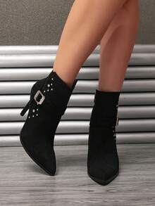Women's Pointed Toe Stiletto Heel Ankle Boots With Side Zipper And Naked Design - Black - View 4
