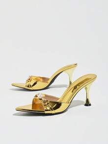 Women's Mirror Pointed Toe Open Toe Mule Sandals, Metal Buckle Decor, Slip-On Wine Glass Heel Stiletto High Heels, Summer Party Evening Commute Outdoor Wear Gold Sandals - Gold - View 6