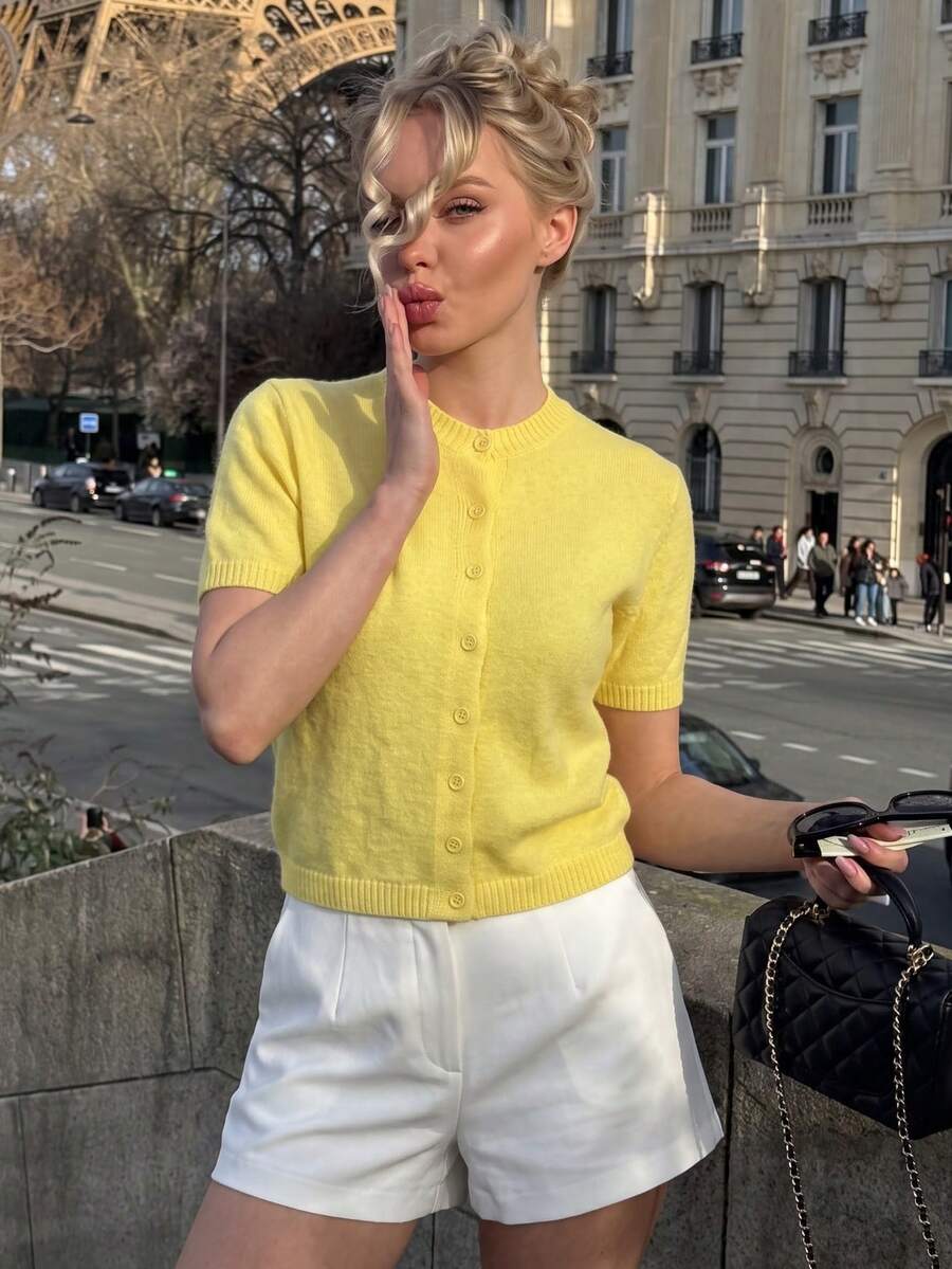 Spring/Summer Minimalist Back To School Solid Color Women's Casual Commute Street Shopping Versatile Round Neck Button Cardigan Slim Fit Short Sleeve Knit Top Sweater - Yellow - View 1