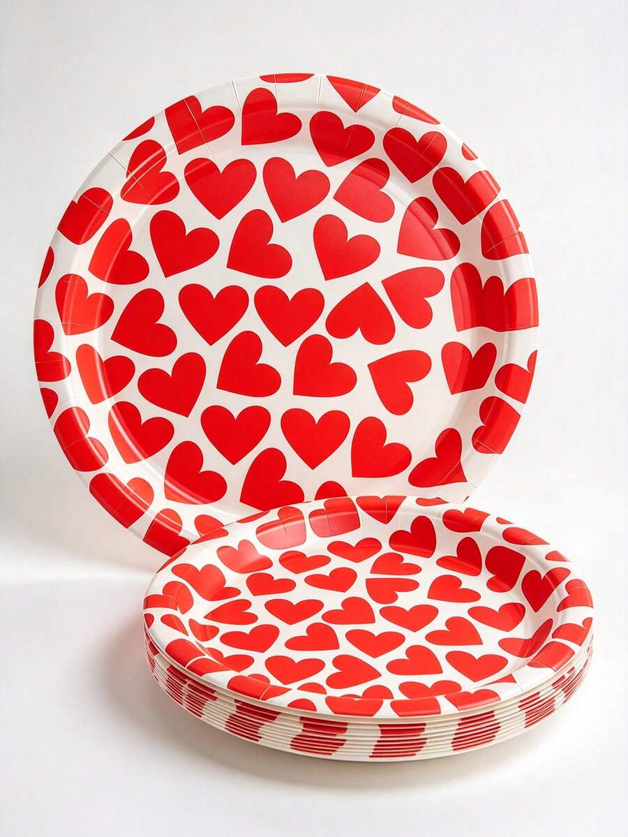 Red Heart Print Disposable Paper Plates Set, 24Pcs (12Pcs 9inch +12Pcs 7inch), Valentine's Day Party Tableware, Paper Plates For Wedding, Anniversary, Birthday Party, Picnic & Family Dinner Decor - Multicolor - View 1