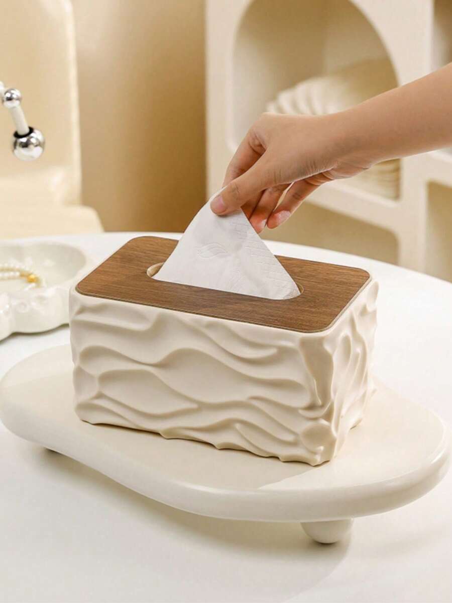 OBOVAY 1pc Nordic Minimalist Style Tissue Box, Wave Tissue Storage Box, Water Ripple Pattern With Wooden Cover, Household Large Capacity Tissue Box, Housewarming Gift, Holiday Gift, Giving To Friends, Suitable For Bathroom, Living Room, Office - Wavy Style - View 1