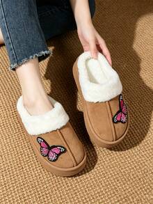 Women's Butterfly Embroidered Flat House Slippers, Warm & Comfortable Fleece Lining Indoor Slippers, Cozy Autumn/Winter Home Slippers - Khaki - View 5
