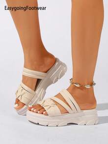 Women's Solid Color Open Toe Comfortable 2-Way Wear Soft Sole Summer Vacation Thick Sole Casual Anti-Slip Daily Shopping Versatile Half-Slip Sandals - Beige - View 4