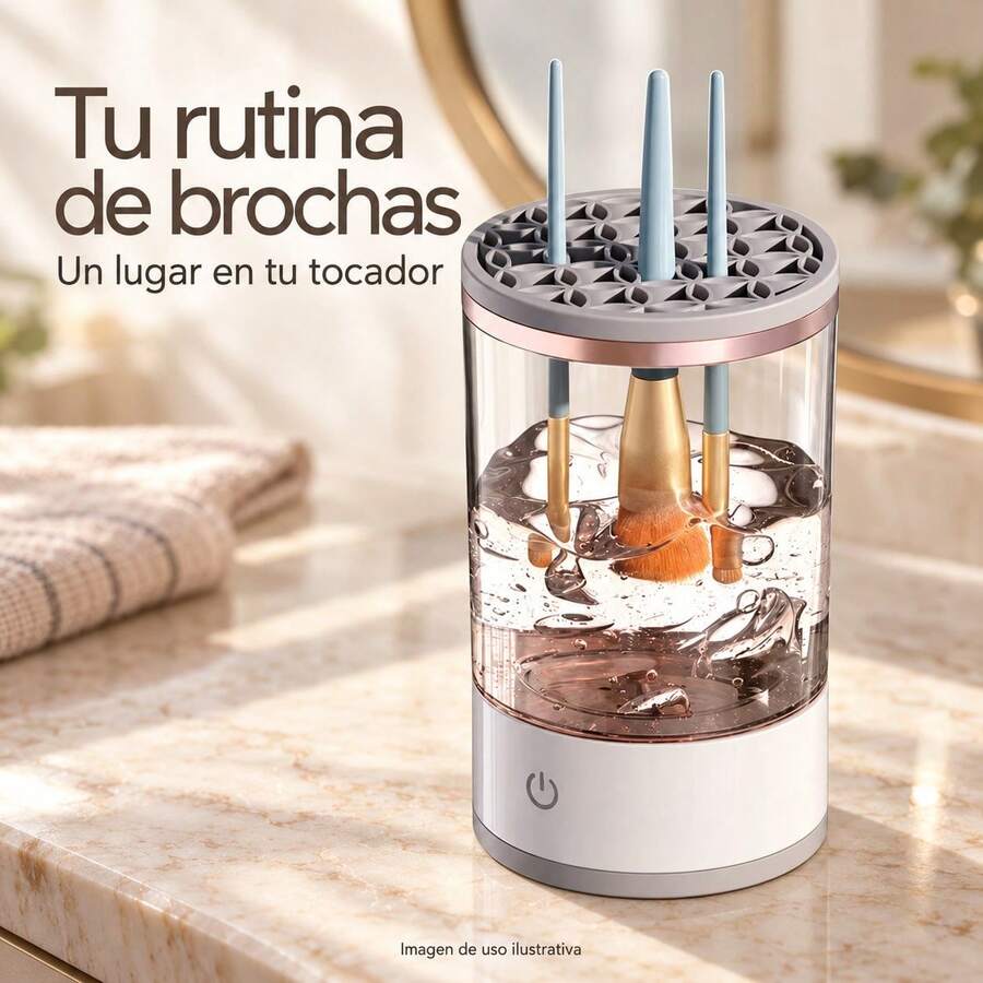 Limpiador eléctrico de brochas de maquillaje con recipiente transparente y tapa con orificios, blanco y gris - Transparente y blanco - Ver 1
