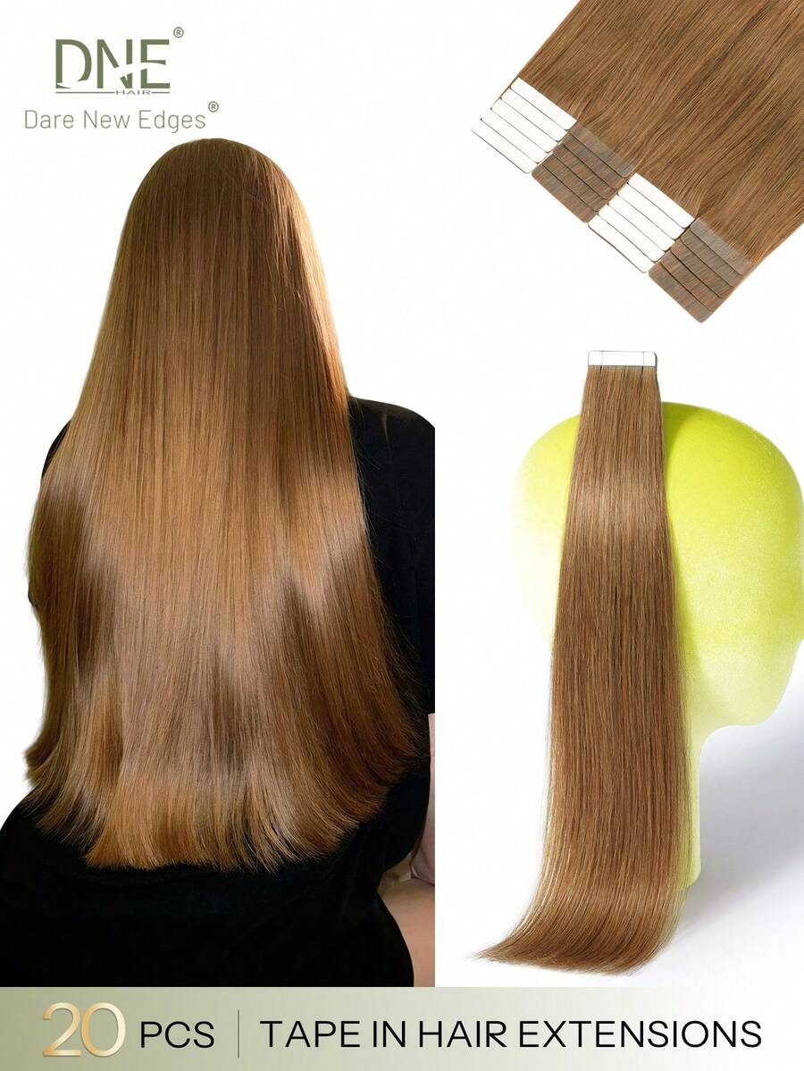 DNE HAIR 20Pcs Tape In Hair Extensions 100% Human Hair 6# Light Brown 12-22 Inch Silky Straight Seamless Invisible Top Quality Thick Ends Healthy Remy Hair Extensions For Thin Hair And Salon Use And For All Women/Girls Daily Use - S6 - View 1