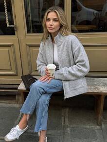 Nicenter Women's Autumn Lapel Casual Loose Drop Shoulder Double Pocket Zippered Wool Blend Sweater, Suitable For Winter Wear, Socializing, And Daily Outings - Grey - View 1