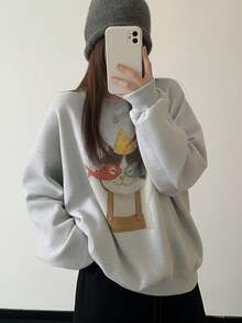 Korean Style Healing Cartoon Cat Holding Fish Print Sweatshirt Women Autumn/Winter Soft Fluffy Loose Round Neck Daily Commute Pullover - White-gray - View 5