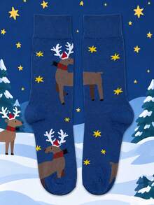 1 Pair Men's Christmas Reindeer Mid-Calf Socks, Warm And Thick For Autumn/Winter Wear, Navy Blue Base With Cute Reindeer And Gold Star Pattern, Fun Holiday Style, Suitable For Home Casual Wear, Creative Christmas Gift Socks - Multicolor - View 1