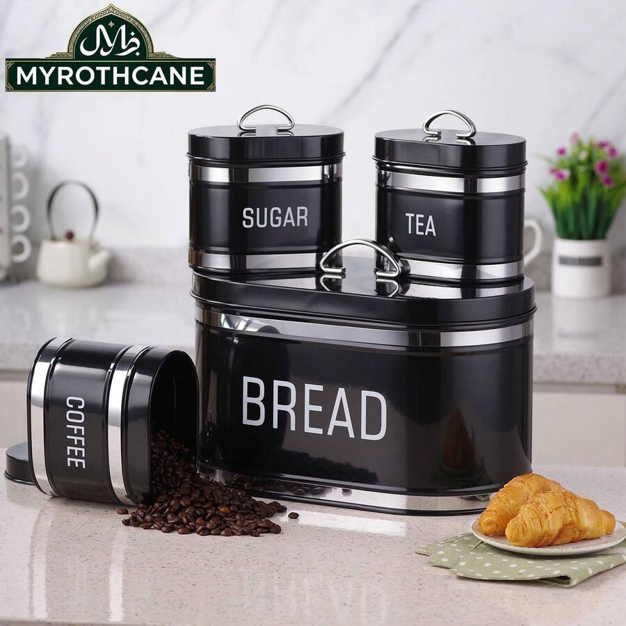 MYROTHCANE 4 Piece Bread Box With Canister Set, Black Metal Kitchen Counter Storage Bins With Stainless Steel Accent, Airtight Food Canisters For Sugar Tea Coffee, Farmhouse Kitchen Decor