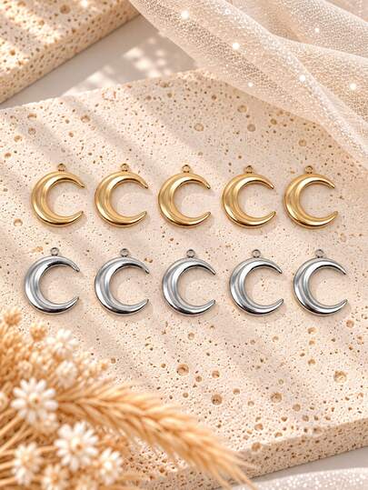 10pcs 18K Gold Plated 3D Moon Crescent Shape Pendant Set, DIY Necklace Bracelet Anklet Earring Accessories