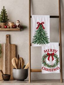 2pcs Watercolor Green Christmas Tree & Red Bow Pattern Kitchen Towels, 40*60cm Soft Microfiber Tea Towels, Suitable For Home Kitchen Restaurant Outdoor Camping Tabletop Cleaning Dish Cloth Hand Towel Accessories, Winter Christmas Theme Kitchen Linen Towels Holiday Gift - Multicolor - View 6
