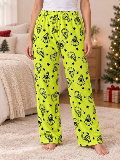 The Grinch بنطلون منزلي لعيد الميلاد، 1 قطعة، من قماش الفلانيل، بنطلون طويل كاجوال بطبعة كرتونية لعيد الميلاد، بنطلون مخمل مطبوع من الفلانيل، بنطلون منزلي كاجوال، مناسب لارتداء المنزل في الشتاء وعيد الميلاد، تصوير منزلي للعطلات، ملابس بموضوع عيد الميلاد، مشاهد منزلية كاجوال