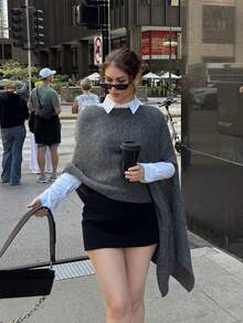 Women's Elegant High Neck Soft Knit Sweater, Autumn/Winter Solid Color Loose Fit Asymmetrical Hem Shawl Style, Suitable For Daily Wear And Dates - Grey - View 7