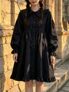 1PC Japanese Lolita Fairy Dress, Soft Girl Peter Pan Collar Tie Puff Long Sleeve Ruffle Hem Dress, COSPLAY Role Play Costume Accessory, Suitable For Holiday Party Performance Wear - Black - View 5
