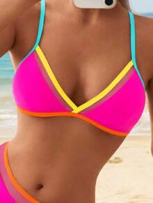 1 Set Women's Two Pieces Bikini Swimwear With Mesh Inset, Spaghetti Straps, V-Neck, Backless, Fashionable & Sexy Vacation Beach Summer - Hot Pink - View 5