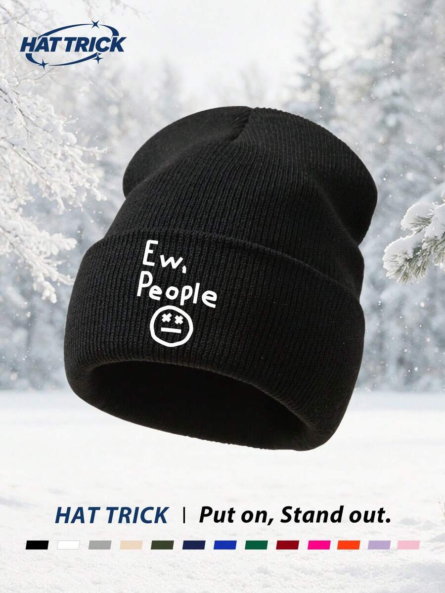 1pc Unisex People Print Knit Beanie, Soft Warm Comfortable Minimalist Knitted Hat For Autumn/Winter, Hip Hop Rapper Style Brimless Cap, Versatile Fashion Hat For Daily Wear, Party, Commute, Sports, Hiking, Travel - A - View 1