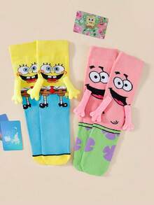 SpongeBob SquarePants 1/2 Pairs New Cute Cartoon Unique Design Magnetic Couple/Best Friend Socks, Japanese/Korean Style Mid-Calf Socks, Spring/Autumn - Multicolor - View 12