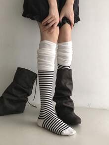 1/2/4 Pairs Of Striped Slouchy Gray Sock, Striped Patchwork Slouch Socks, Versatile Style Slouch Socks - Multicolor - View 9