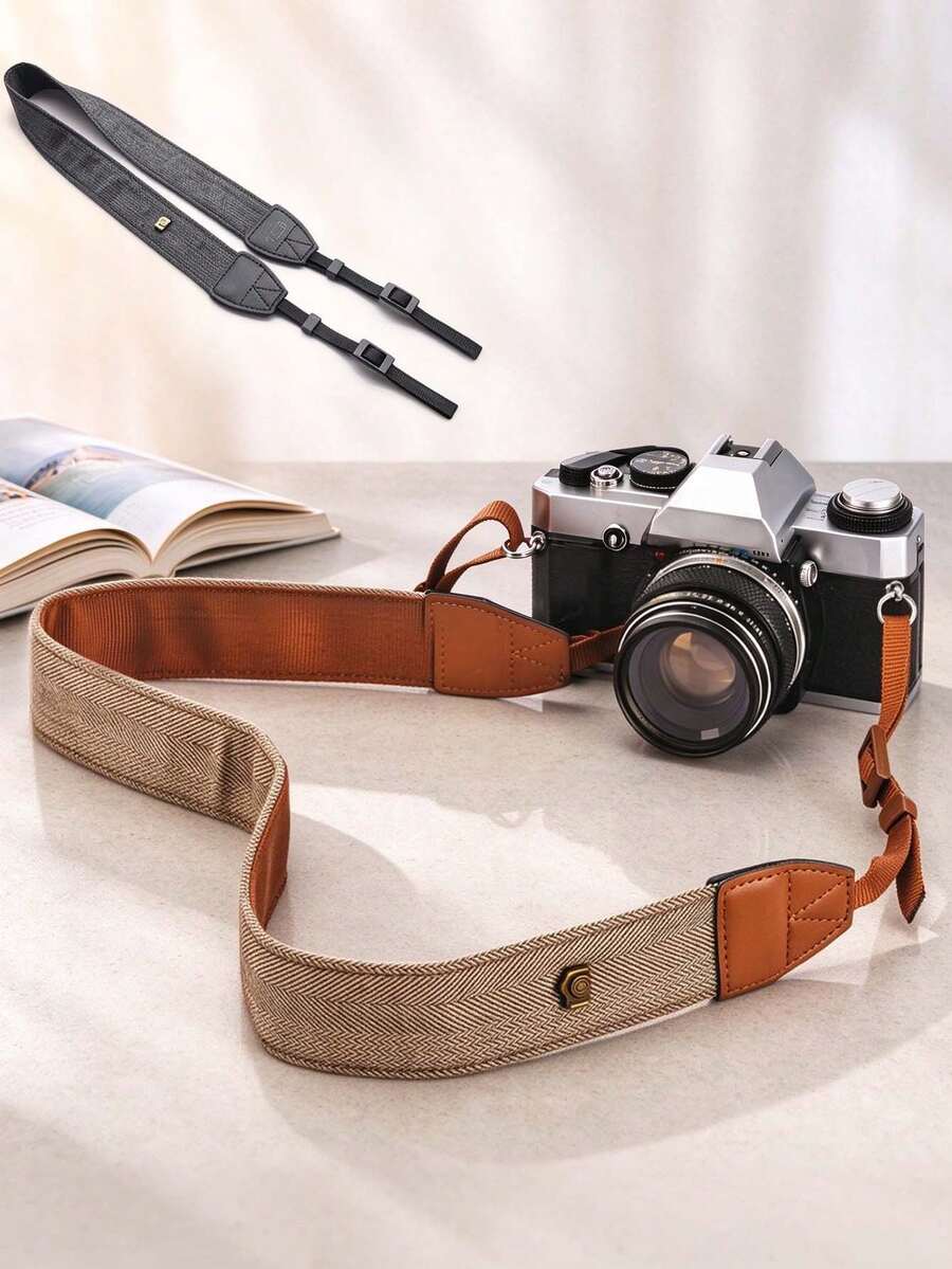 Vintage Herringbone Woven Camera Shoulder Strap, PU Leather Spliced Adjustable Wide Pressure-Relieving, Universal Practical Accessory For DSLR Mirrorless Film Cameras, Suitable For Travel And Street Photography - View 1