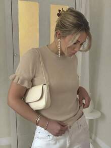 Women's Spring And Autumn Fashion Solid Color Round Slightly Sheer Material Bunched Short Sleeve Casual Simple Loose Wool Woven T-Shirt Top - Khaki - View 3