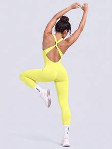 NcmRyu Women's 1pc Elastic Twisted Hollow Back Ribbed Yoga Sports Jumpsuit - Yellow - View 3