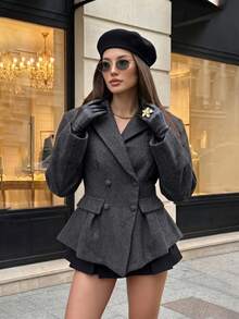 Da Jade Autumn/Winter French Style Dark Gray Wool Blend Ruffle Trim Blazer, Lapel Long Sleeve Double-Breasted Cinched Waist, Office Commute Business Meeting Event Suit - Dark Grey - View 2