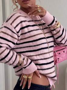 Plus Size Women's Fashion Long Sleeve Knitted Base Layer Top, New Autumn/Winter Soft Gentle Style Loose Sweater - Pink - View 2