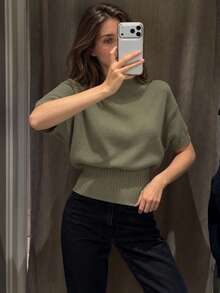 Knit Tops For Women Crop Olive Green Sweaters Fall Short Sleeve Rib Knitted Going Out Tops Woman Mock Neck Pullover Spring Causal Office Outfits - Olive Green - View 4