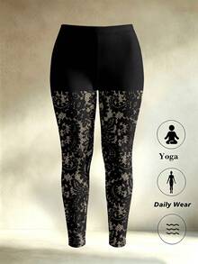 Plus Size Faux Lace Print Leggings Slimming Pants Compatible With Apple Shape & Curvy Women | Fall Daily Wear & Party Outfits - Multicolor - View 7