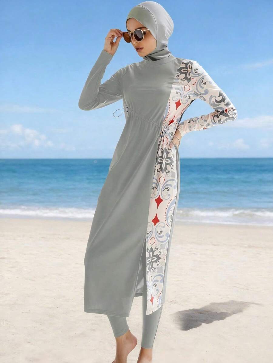 Women's Conservative High Neck Burkini Swimwear, High Elasticity Fabric For Wear Vacation Summer Beach