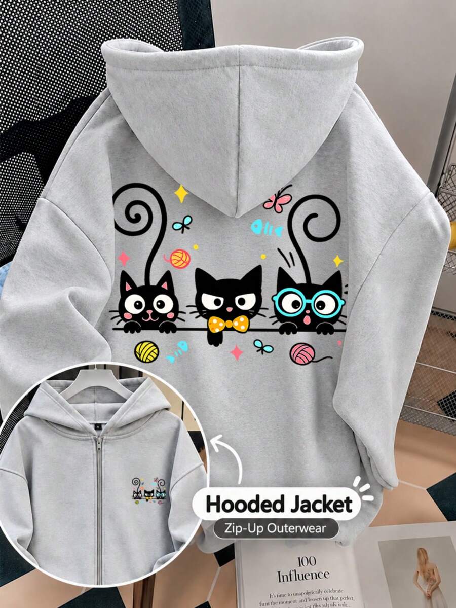 1 buah Jaket Anak Perempuan Remaja dengan Lapisan Termal Tebal Hangat dan Berkerudung dengan Resleting, Atasan Lengan Panjang untuk Siswa dan Anak-anak Musim Gugur/Dingin - Grey - View 1