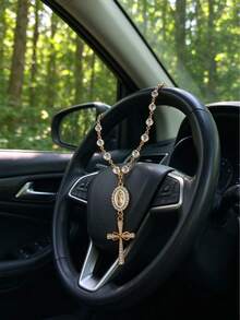 Catholic Rosary Car Rearview Mirror Hanging Ornament, Virgin Mary & Rhinestone Cross Steering Wheel Pendant, Rose Gold Crystal Beads Car Interior Decoration, Religious Blessing Women Car Accessories, Christian Gift - A - View 5