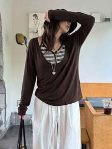Korean Style Casual Striped Camisole Top With V-Neck Long Sleeve Blouse, Slimming Curved Hem 2 Pieces Set - Brown - View 3