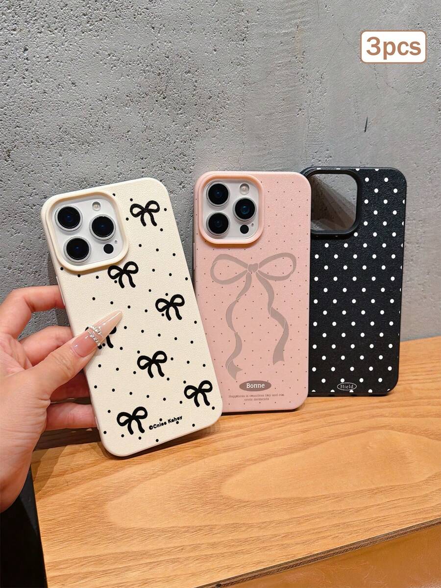 3件裝波點印花皮革紋理 TPU 防震全包覆保護手機殼，適用於 Apple 11/12/13/14/15/16/17 Pro Max - 彩色 - 查看 1