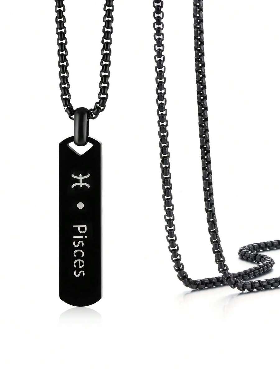 12 Zodiac Signs Stainless Steel Pendant Necklace, Black Constellation Tag Necklace, Waterproof Tarnish Resistant Unisex Jewelry Gift - 11 Pairs Pisces - View 1