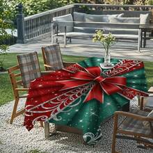 1pc Christmas Party Tablecloth, Red & Green Gift Box Large Bow & Shiny Star Design, Durable Polyester Fabric, Suitable For Indoor/Outdoor Daily & Christmas Holiday Party Decoration, Easy To Clean Tablecloth, Fits Coffee Table, Dining Table, Hotel, Restaurant, Camping & Festive American Christmas Home Kitchen Decor - C - View 5