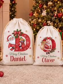 Customizable Santa Claus Initial Christmas Gift Bag, Personalized Name Drawstring Bag, Multi-Size Christmas Canvas Storage Bag, Holiday Gift Storage Bag, Christmas Tree Decoration, Home Gift Accessory - Multicolor 2 - View 6