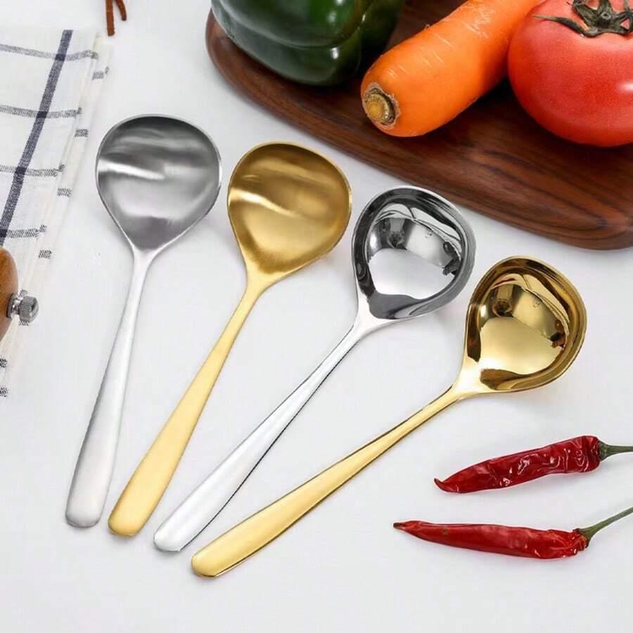  2/4qcsGold Stainless Steel Soup Spoon, Long Handle Deep Bowl Dinner Spoon, Luxury Large Serving Spoon For Home Kitchen Restaurant