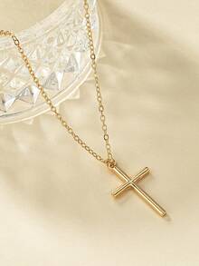 1pc Minimalist Fashion Zinc Alloy Geometric Cross Pendant Necklace Suitable For Women's Daily Wear - Gold - View 4