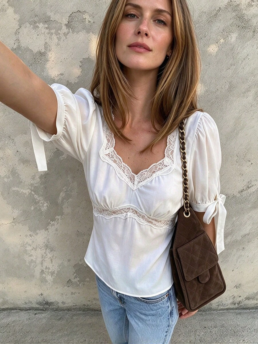 Women's White Top With Lace Trim And Tie-Back Detail, Semi-Sheer Woven Blouse For A Fashionable Look - White - View 1