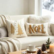 1 buah Sarung Bantal Natal Bordir Kepingan Salju 18x18 Inci Warna Emas, Sarung Bantal Dekoratif Lembut untuk Sofa, Tempat Tidur, dan Kursi (Isi Bantal Tidak Termasuk) - Krem - View 2